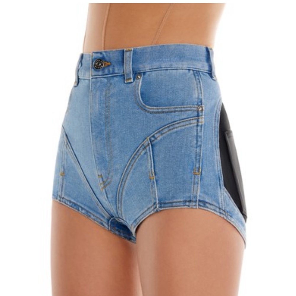 Muglar Spiral Denim Contrast shorts in Medium Blue and Black